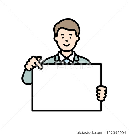 Image illustration material of a male business person holding a message board and pointing and explaining 112396904