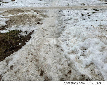 Melting dirty snow on the streets of the city during the daytime in winter. The pedestrian road is snow with sand and mud. Traces of people and pets Melting dirty snow on the streets of the city during the daytime in winter. The pedestrian road is snow with sand and mud. Traces of people and pets 112396978