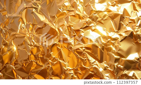 Gold foil background reflecting light. Front view. 112397357