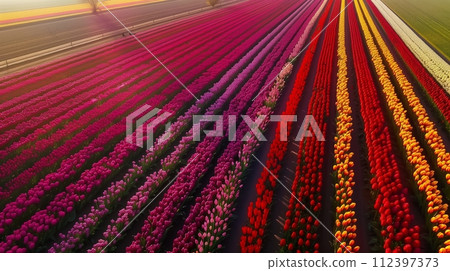 Aerial view of the Netherlands' tulip fields. 112397373