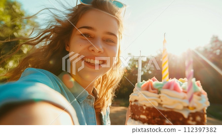 Playful young woman taking a selfie with a birthday cake with one candle in sunny daylight. 112397382