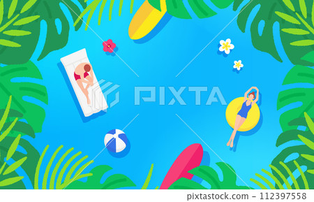 從俯視圖看到的插圖。夏季物品漂浮在海中。一個男人和一個女人享受熱帶國家的插圖。 112397558