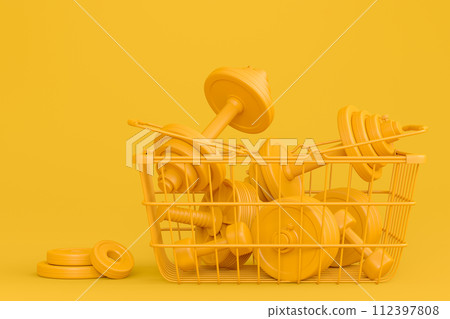 Sport equipment for fitness, gym in shopping basket on monochrome Sport equipment for fitness, gym in shopping basket on monochrome 112397808