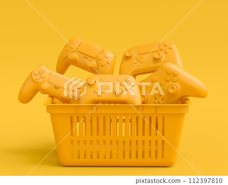 Set of flying gamer joysticks or gamepads in plastic basket on monochrome Set of flying gamer joysticks or gamepads in plastic basket on monochrome 112397810