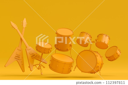 Set of electric acoustic guitars and drums with cymbals on monochrome background 112397811