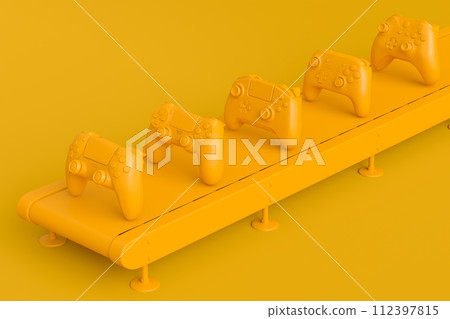 Set of gamer joysticks or gamepads on factory line on monochrome background Set of gamer joysticks or gamepads on factory line on monochrome background 112397815