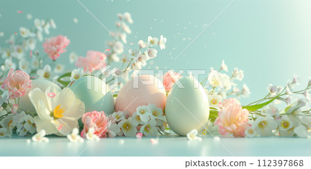 A row of colorful pastel Easter eggs with flowers, each uniquely painted with different texture on a blue background A row of colorful pastel Easter eggs with flowers, each uniquely painted with different texture on a blue background 112397868
