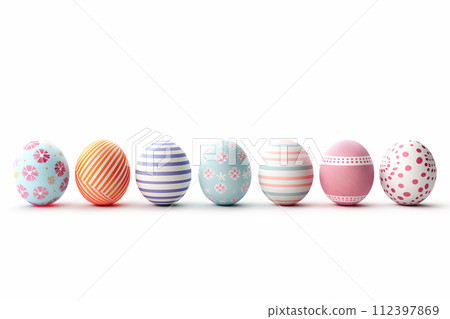 A row of colorful pastel Easter eggs, each uniquely painted with different texture on a white background A row of colorful pastel Easter eggs, each uniquely painted with different texture on a white background 112397869