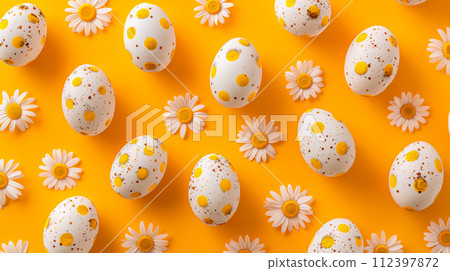 A row of colorful pastel Easter eggs with daisies, each uniquely painted with different texture on a yellow background A row of colorful pastel Easter eggs with daisies, each uniquely painted with different texture on a yellow background 112397872