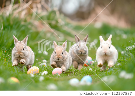 Two rabbits are sitting next to each other in a colorful field of flowers with Easter eggs, each uniquely painted Two rabbits are sitting next to each other in a colorful field of flowers with Easter eggs, each uniquely painted 112397887