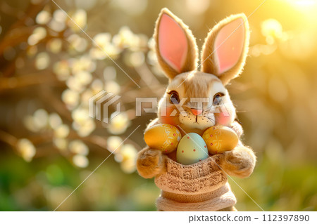 A rabbit is seen holding a bunch of colorful Easter eggs in its paws. The rabbit looks adorable holds onto the eggs A rabbit is seen holding a bunch of colorful Easter eggs in its paws. The rabbit looks adorable holds onto the eggs 112397890