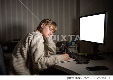 An overworked student sits at the computer at night. Fill in the table after the shift. 112398124