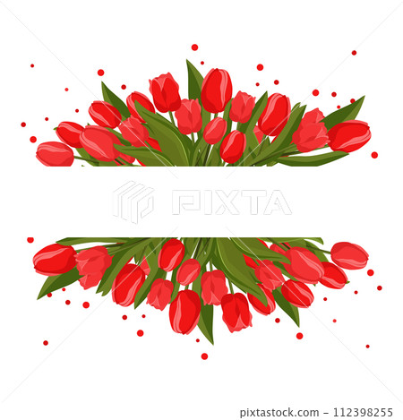 Spring rectangular frame with red tulips for text. Vector template with flowers for design, banner 112398255
