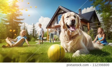 AI-generated content. A happy dog sits on the summer lawn in front of a village house with his family. Photo 112398800