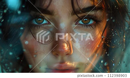 Close-up portrait of a woman gazing through raindrops on glass. captivating eyes, intimate mood, artistic expression in photography. AI Close-up portrait of a woman gazing through raindrops on glass. captivating eyes, intimate mood, artistic expression in photography. AI 112398903