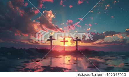 Serene sunset with crosses reflecting on water in a dramatic sky. peaceful scenery for spiritual themes. inspiring landscape image generated by AI. 112398910