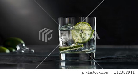 Refreshing glass of water with ice and lime on dark background. perfect for drink advertisements. simple elegance. AI 112398911