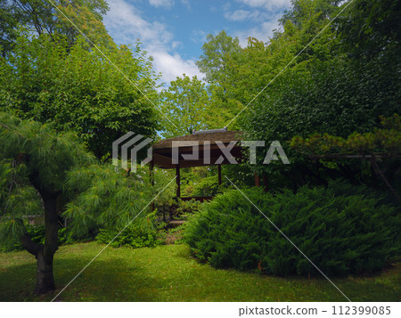 Japanese park in Vienna on a summer day. Zetagaya Park is small, quiet Japanese garden with cherry trees and fish pond, open to public from April to October. 112399085