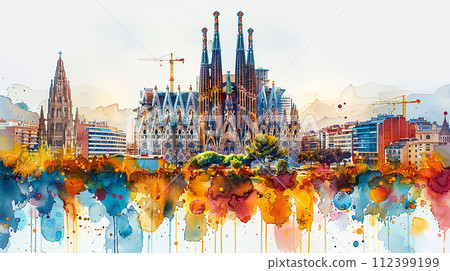 Watercolor touristic postcard of  la Sagrada Familia 112399199