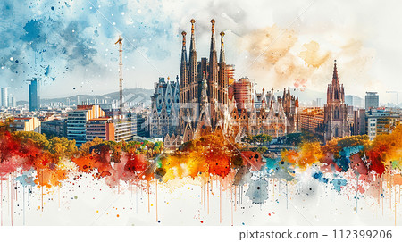 Watercolor touristic postcard of la Sagrada Familia Watercolor touristic postcard of la Sagrada Familia 112399206
