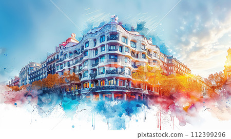 Watercolor touristic postcard of Casa Mila Watercolor touristic postcard of Casa Mila 112399296