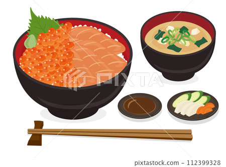 [Vector] Illustration set of a luxurious salmon and salmon roe rice bowl with miso soup, soy sauce, and chopsticks (white background) 112399328