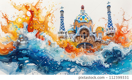 Watercolor touristic card of  Casa Battlo 112399331