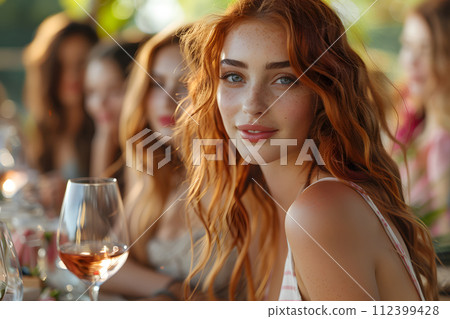 Beautiful women smiling at dinner and wine party in the garden along with other women with a blurry background wear simple and elegant clothes. Enjoy fun conversations and share memorable experiences. 112399428