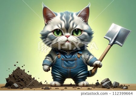 cat with a shovel isolated on a light green background 112399664