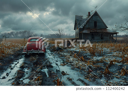 Old Red Car Parked in Front of Abandoned House Generative AI 112400242