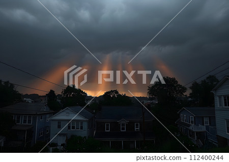 Sun Shining Through Clouds Over Houses Generative AI Sun Shining Through Clouds Over Houses Generative AI 112400244