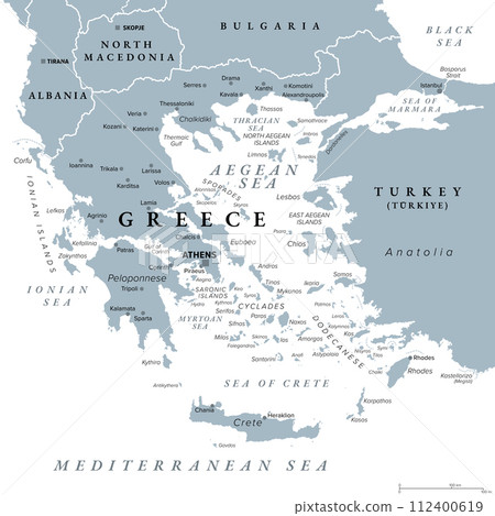 Greece, the Hellenic Republic, gray political map. Country in Southeast Europe on southern tip of the Balkan peninsula, with capital Athens. Bordered by the Aegean, Ionian, and the Mediterranean Sea. 112400619
