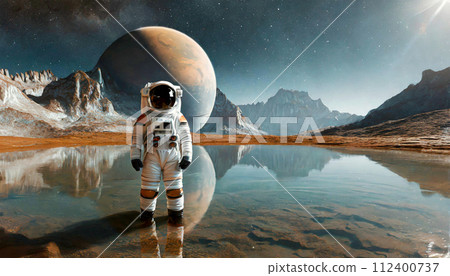 Astronaut Standing Inside a Lake on an Exoplanet - Generative Ai 112400737