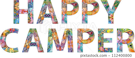 HAPPY CAMPER. Colorful vector word isolated on a white background HAPPY CAMPER. Colorful vector word isolated on a white background 112400800