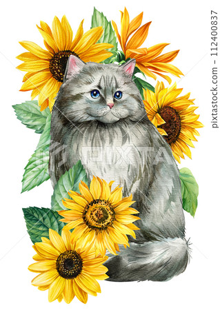 Animal with flower, cat and Sunflower isolated on white background. painting Watercolor hand drawing bright color poster Animal with flower, cat and Sunflower isolated on white background. painting Watercolor hand drawing bright color poster 112400837