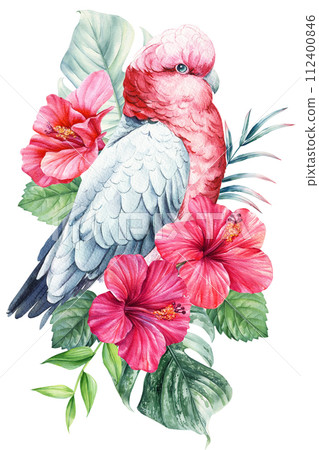 Summer Bird, pink flowers, palm leaves isolated background. Watercolor Watercolor hand-painted, summer clipart. Cockatoo Summer Bird, pink flowers, palm leaves isolated background. Watercolor Watercolor hand-painted, summer clipart. Cockatoo 112400846