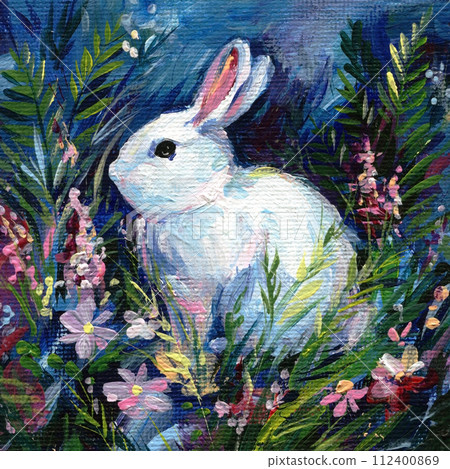 Bunny and field with grass, flowers. Oil painting on canvas morning landscape, hand drawing bright colors sunset 112400869