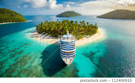 Cruise Ship in front of a Small Tropical Island with Palm Trees - Generative Ai 112400910