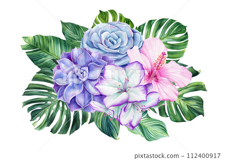 Tropical palm leaves and flowers, succulent, rhododendron and hibiscus. Green leaves painted watercolor, botanical plant Tropical palm leaves and flowers, succulent, rhododendron and hibiscus. Green leaves painted watercolor, botanical plant 112400917