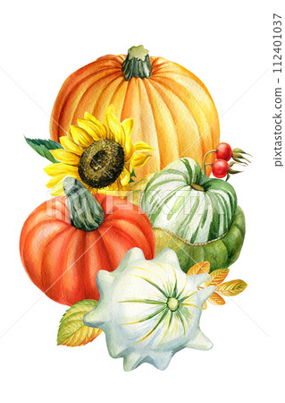 Autumn composition with sunflower flowers leaves and pumpkin, drawing illustration, Watercolor painting cute postcard Autumn composition with sunflower flowers leaves and pumpkin, drawing illustration, Watercolor painting cute postcard 112401037