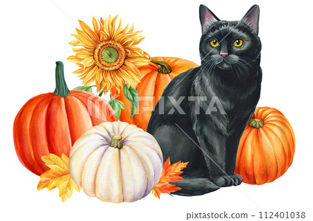 Watercolor painting black cat, autumn leaves and pumpkin, animal art, drawing illustration, cute kitten card halloween Watercolor painting black cat, autumn leaves and pumpkin, animal art, drawing illustration, cute kitten card halloween 112401038