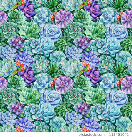 Watercolor succulents seamless pattern. Texture with tropical green plant. Hand painted vintage spring garden background Watercolor succulents seamless pattern. Texture with tropical green plant. Hand painted vintage spring garden background 112401041