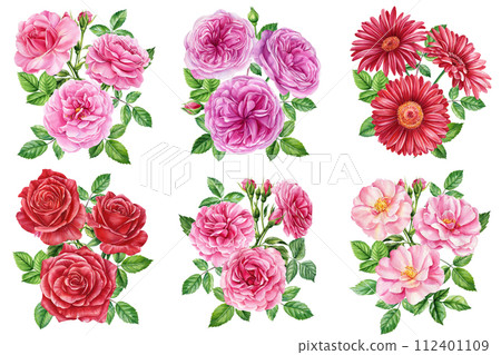 Watercolor rose flower bouquet for valentines day, Pink flowers, bud and green leaves isolated. Floral greeting card 112401109