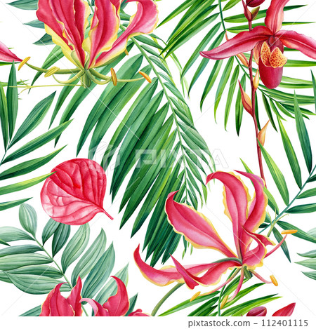 Tropical seamless pattern with exotic pink lily flowers, palm tree. Summer floral watercolor illustration tropic modern  112401115