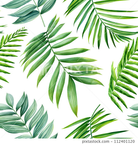 Tropical seamless pattern with green exotic palm tree. Summer floral watercolor illustration. Creative tropic modern Tropical seamless pattern with green exotic palm tree. Summer floral watercolor illustration. Creative tropic modern 112401120