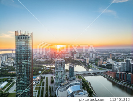 Yekaterinburg city and pond aerial panoramic view at summer sunset. 112401213