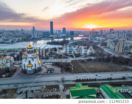 Spring Yekaterinburg, Temple on Blood and Church of St Nicholas in sunset. Aerial view of Yekaterinburg, Russia. Translation of text on the temple 112401233