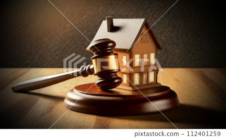 Gavel and Small Model House on a Wooden Table - Generative Ai 112401259