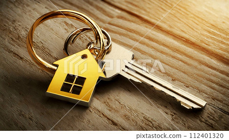 House Key with Golden House Shaped Keychain on Wooden Background - Generative Ai 112401320