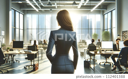 Rear view of a woman working in the office Rear view of a woman working in the office 112401388